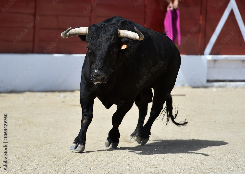 brave bull with big horns in a traditional spectacle of bullfight brave bull with big horns in a traditional spectacle of bullfight