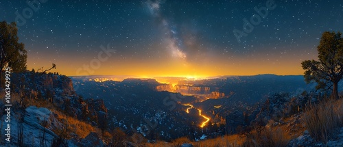 Wallpaper Mural A breathtaking panoramic view of a canyon at sunset, featuring vibrant golden hues illuminating the rocky landscape, surrounded by a starry night sky. Torontodigital.ca