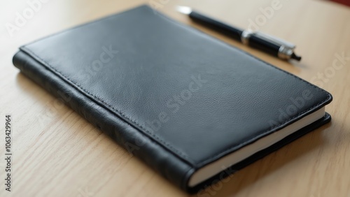 A black leather journal and pen on top of wooden table