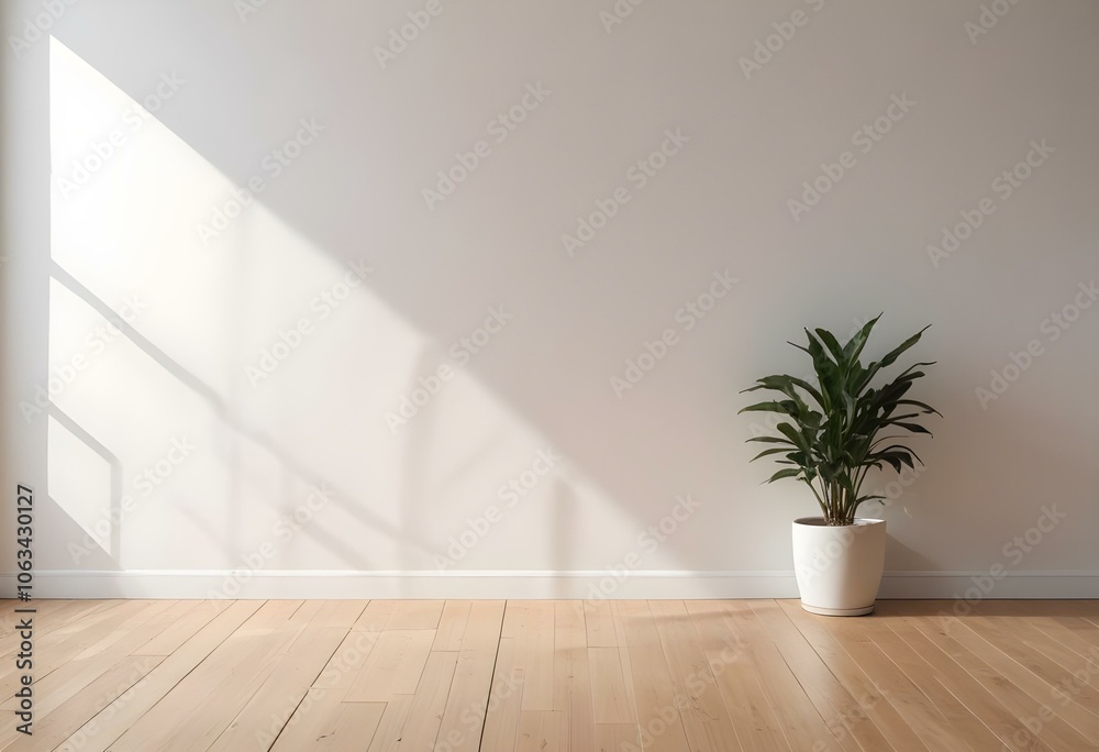 A minimalist indoor scene with a potted plant on a wooden floor and a plain white wall with natural light streaming. A minimalist indoor scene with a potted plant on a wooden floor and a plain white wall with natural light streaming.