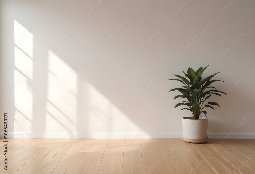 A minimalist indoor scene with a potted plant on a wooden floor and a plain white wall with natural light streaming. A minimalist indoor scene with a potted plant on a wooden floor and a plain white wall with natural light streaming.