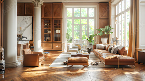 The living room is modern and has parquet flooring with chic furniture