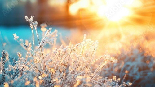 Frosty winter morning macro. Cold weather background concept. Frozen grass on the fields with copy space