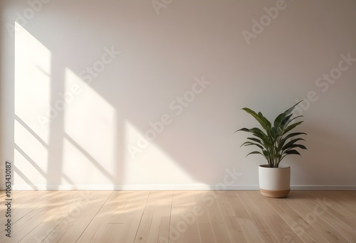 A minimalist indoor scene with a potted plant on a wooden floor and a plain white wall with natural light streaming.