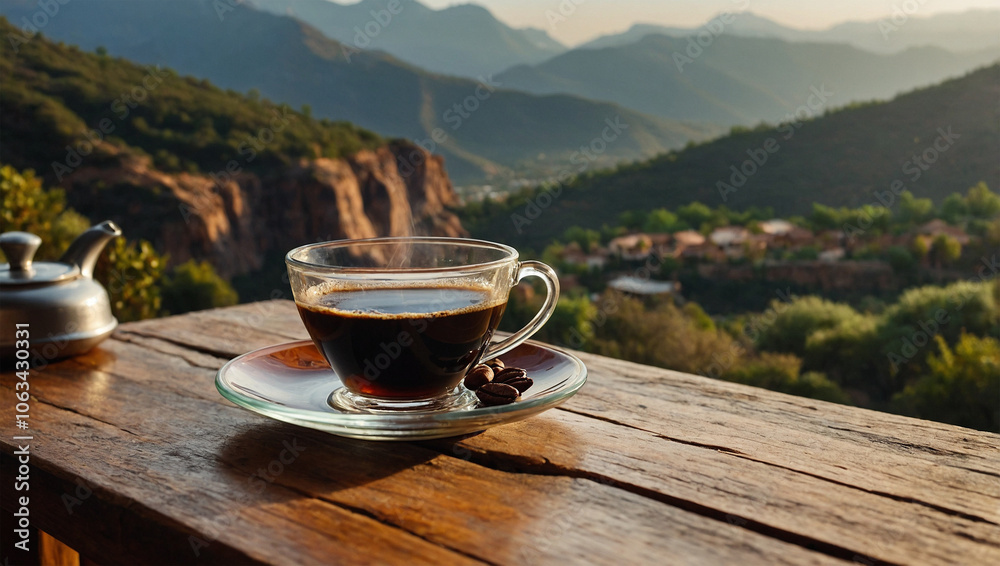 Freshly brewed cup of Arabica coffee on a wooden table, set against a scenic mountain backdrop in the morning. Freshly brewed cup of Arabica coffee on a wooden table, set against a scenic mountain backdrop in the morning.