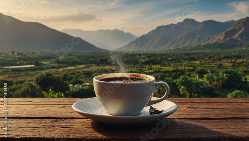 Freshly brewed cup of Arabica coffee on a wooden table, set against a scenic mountain backdrop in the morning.