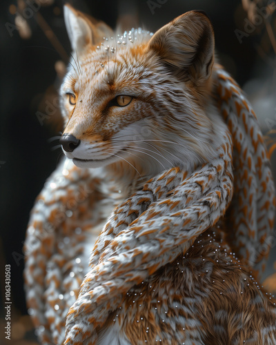 Portrait of a fox with intricate fur and golden details. Blends human and animal elements, highlighting fantasy, elegance, and mysticism against a blurred background. photo