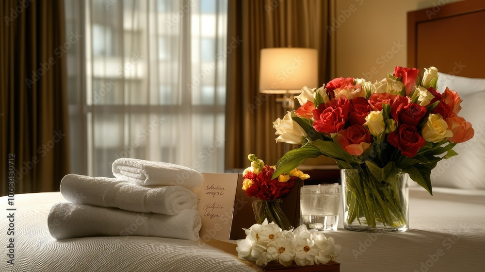 Fresh flowers, towels, and a personalized welcome note arranged on the bed in a modern hotel room Fresh flowers, towels, and a personalized welcome note arranged on the bed in a modern hotel room
