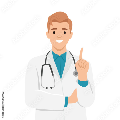 Young man doctor. A pose explained by pointing. Flat vector illustration isolated on white background