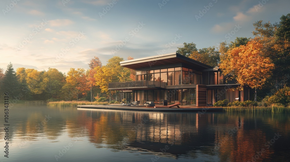 A modern eco-friendly home overlooking a calm lake, featuring A modern eco-friendly home overlooking a calm lake, featuring