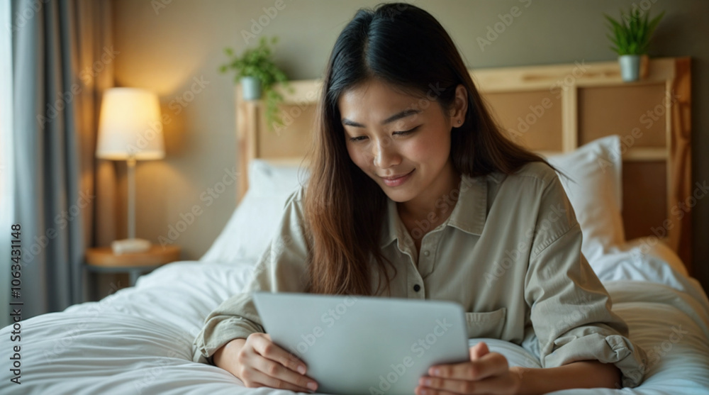 Comfortable Stay Asian Woman Relaxing with Tablet in Bedroom, Travel blog post, hotel advertisement, digital nomad lifestyle article, home decor inspiration, tech product review Comfortable Stay Asian Woman Relaxing with Tablet in Bedroom, Travel blog post, hotel advertisement, digital nomad lifestyle article, home decor inspiration, tech product review
