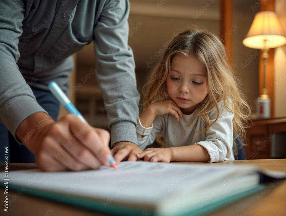 Child Learning Support at Home, adult helps her by pointing out something on a page, child development, parental involvement in education, home learning environments, educational activities at home Child Learning Support at Home, adult helps her by pointing out something on a page, child development, parental involvement in education, home learning environments, educational activities at home