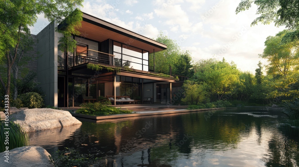 A modern, environmentally-conscious home by a still lake, A modern, environmentally-conscious home by a still lake,