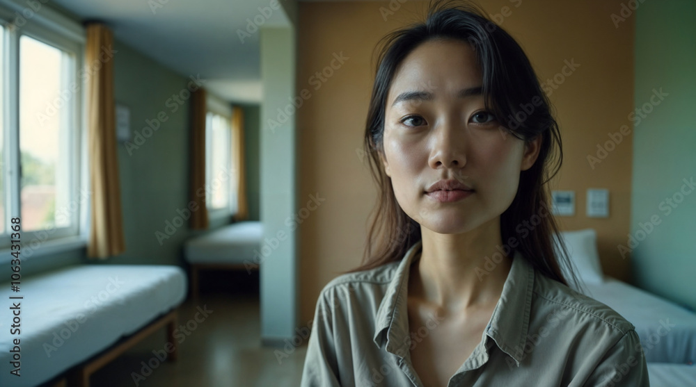 Young Woman in Room Reflection and Solitude in a Modern Setting, Interior design blog post, portrayal of solitude and introspection in modern life Young Woman in Room Reflection and Solitude in a Modern Setting, Interior design blog post, portrayal of solitude and introspection in modern life