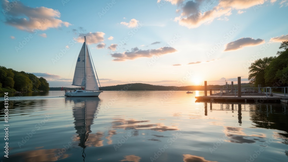 Obraz premium A sailboat is in the water at sunset