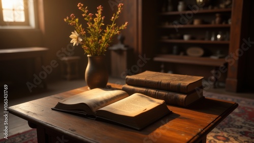 An open book on a table with flowers photo