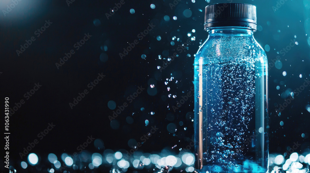 A clear plastic water bottle filled with blue water, surrounded by droplets in a dark background, creating a refreshing and vibrant atmosphere. A clear plastic water bottle filled with blue water, surrounded by droplets in a dark background, creating a refreshing and vibrant atmosphere.