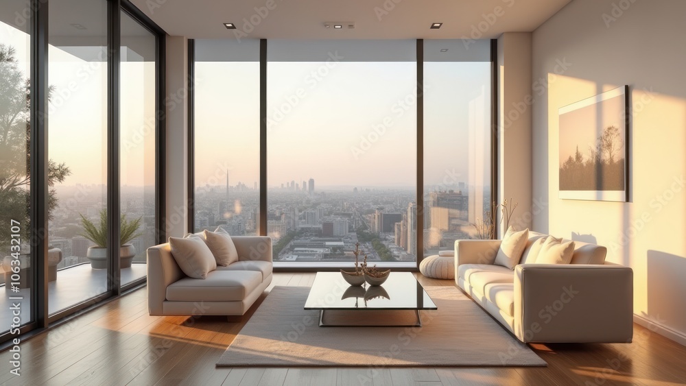 Fototapeta premium A living room with a view of the city