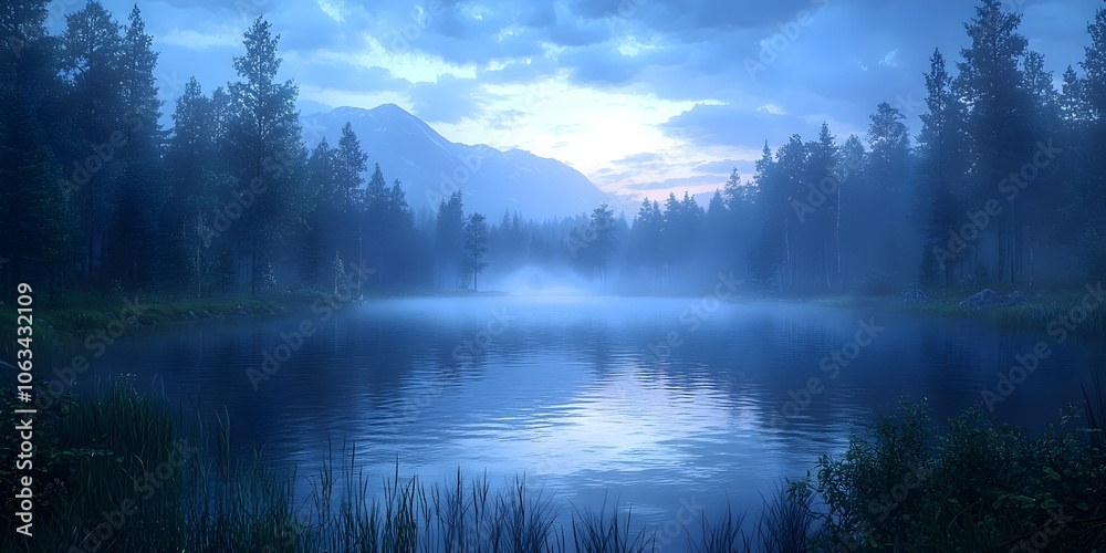 Fototapeta premium A serene twilight scene featuring a calm lake surrounded by misty forests. Soft blue hues dominate the tranquil atmosphere, creating a peaceful reflection on the water's surface.