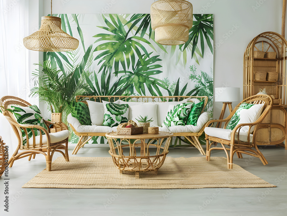 Lush green palm leaf prints dominate a cozy living room in a tropical paradise setting. Lush green palm leaf prints dominate a cozy living room in a tropical paradise setting.