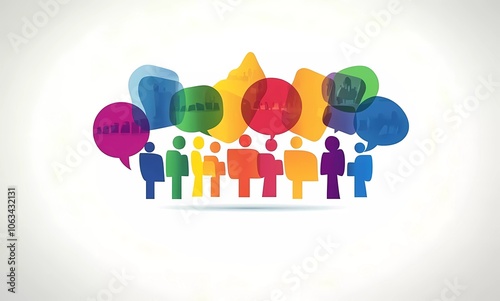 Colorful vector illustration of speech bubbles in different colors, forming the shape and outline of people talking to each other on a white background