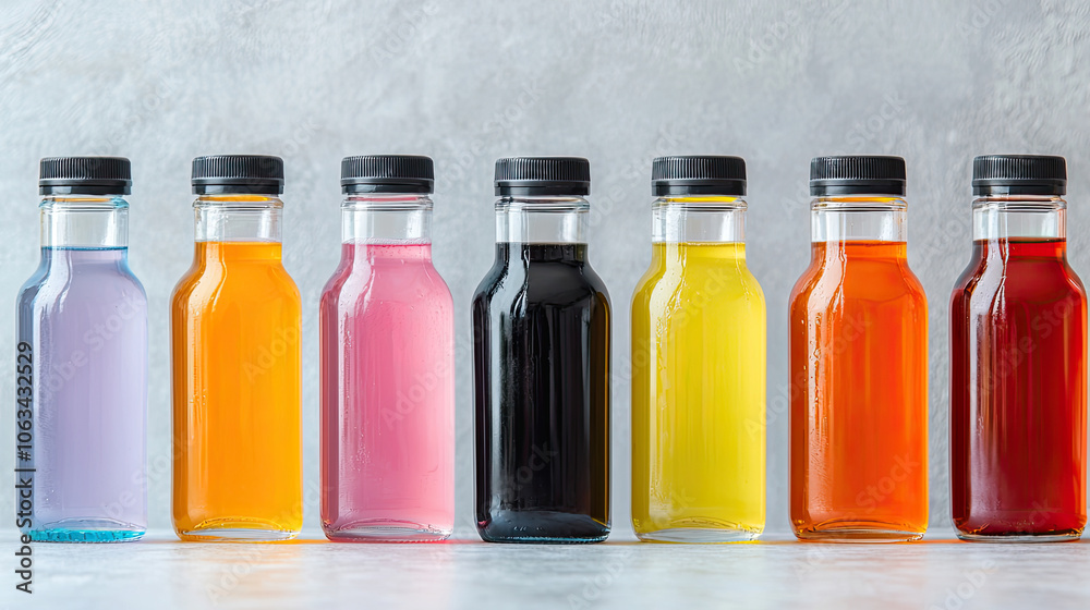 A vibrant array of colorful bottles filled with various beverages, displayed in a line against a neutral background. A vibrant array of colorful bottles filled with various beverages, displayed in a line against a neutral background.