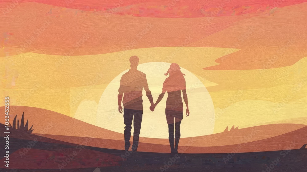 Fototapeta premium Couple's silhouette, romantic mood, walking together, sunset landscape background