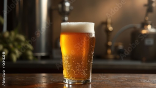 A glass of beer sits on a wooden table