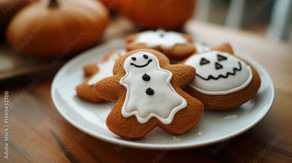 Halloween gingerbread cookies in plate on wooden table Halloween gingerbread cookies in plate on wooden table