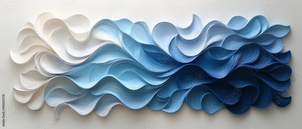 Abstract wave-like sculpture in varying shades of blue and white, showcasing fluidity and texture. Abstract wave-like sculpture in varying shades of blue and white, showcasing fluidity and texture.