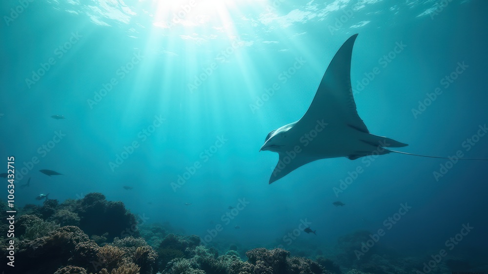 A manta ray is swimming in the ocean