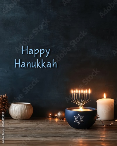 Star of David and menorah in a happy Hanukkah background concept. A serene Hanukkah scene featuring a menorah candles and simple decorations evoking warmth and celebration photo