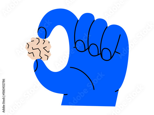 Hand drawn cute cartoon illustration hand with crumpled paper ball. Flat vector recycling trash, environmental pollution doodle style. Creative process. Bad idea sticker, icon. Waste sorting. Isolated
