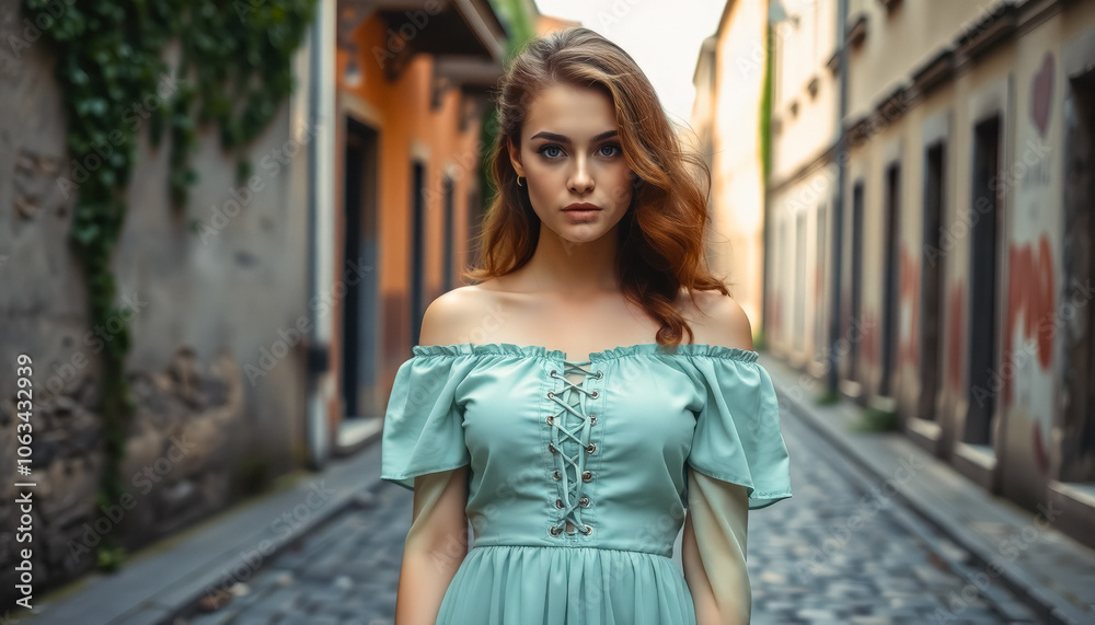 Fototapeta premium Portrait of a young dark-haired woman in a light summer dress on the streets of an old Mediterranean city. Walking around the city.