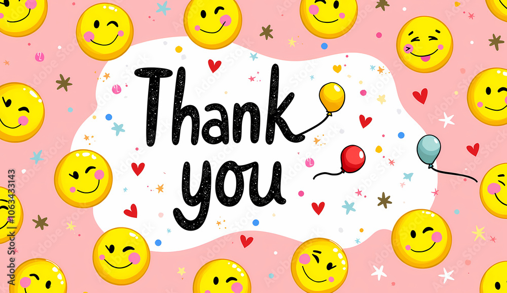 Thank You cheerful inscription surrounded by smiley faces and balloons on a pink background for joyful greetings Thank You cheerful inscription surrounded by smiley faces and balloons on a pink background for joyful greetings
