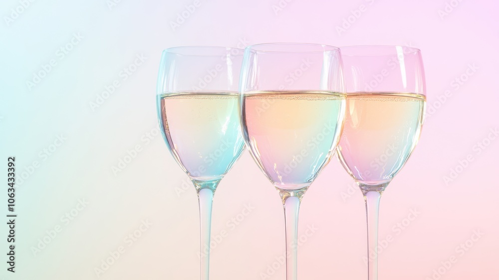 Light-hearted New Year's Eve toast with champagne reflecting pastel tones of mint, pink, and blue for whimsical celebration. Christmas, New Year's Eve Light-hearted New Year's Eve toast with champagne reflecting pastel tones of mint, pink, and blue for whimsical celebration. Christmas, New Year's Eve
