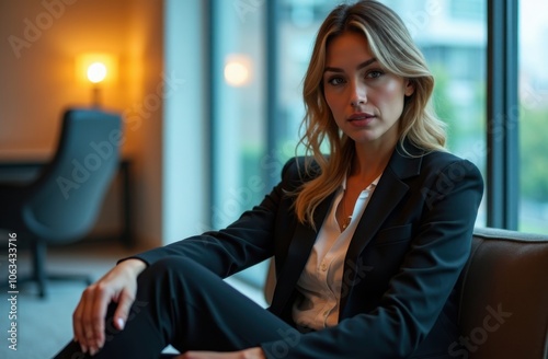 Free Download A professional woman sitting in a modern office lounge, contemplating her next move during the late afternoon - GFXLoad