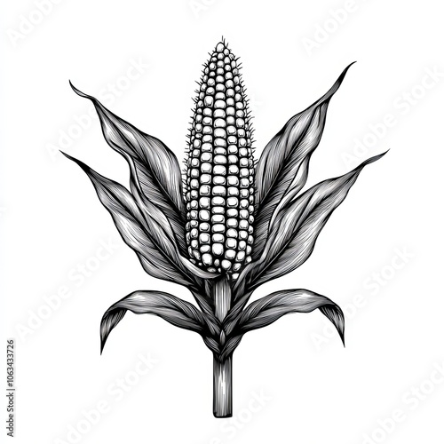 A detailed illustration of a corn plant with leaves and cob.