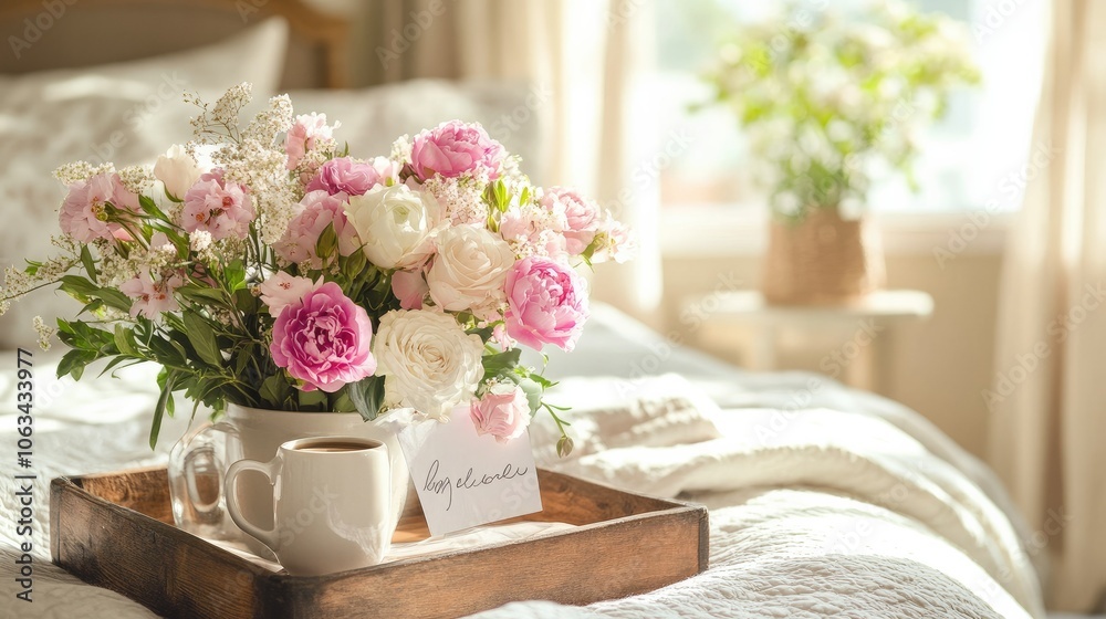 Hotel room with a welcoming tray of fresh flowers, coffee, and a welcome note on the bed, ready for new guests Hotel room with a welcoming tray of fresh flowers, coffee, and a welcome note on the bed, ready for new guests