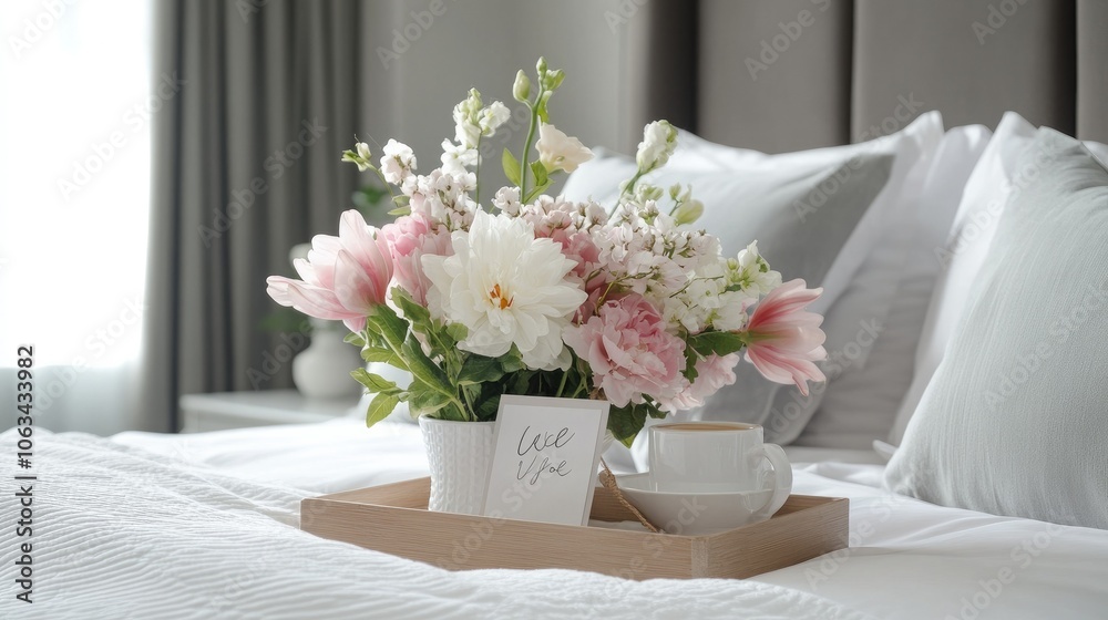 Hotel room with a welcoming tray of fresh flowers, coffee, and a welcome note on the bed, ready for new guests Hotel room with a welcoming tray of fresh flowers, coffee, and a welcome note on the bed, ready for new guests