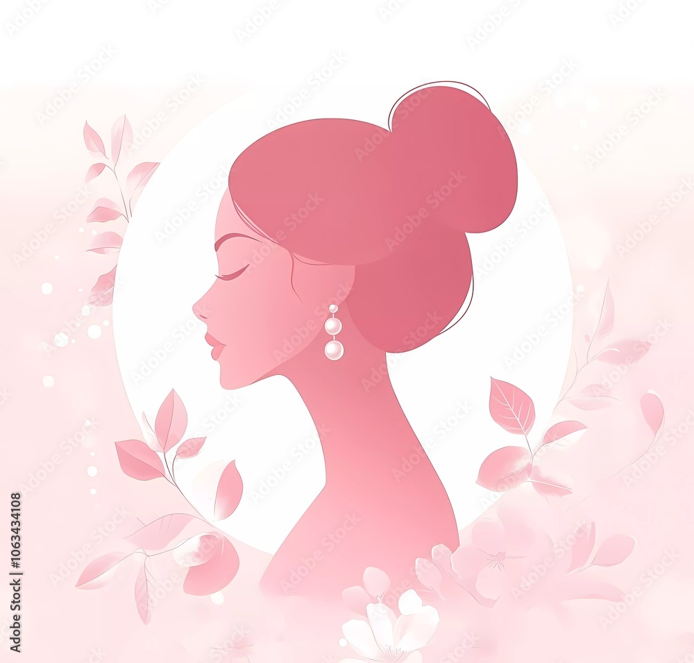 Vector illustration of a beautiful woman's pink silhouette with pearl earrings and a floral background