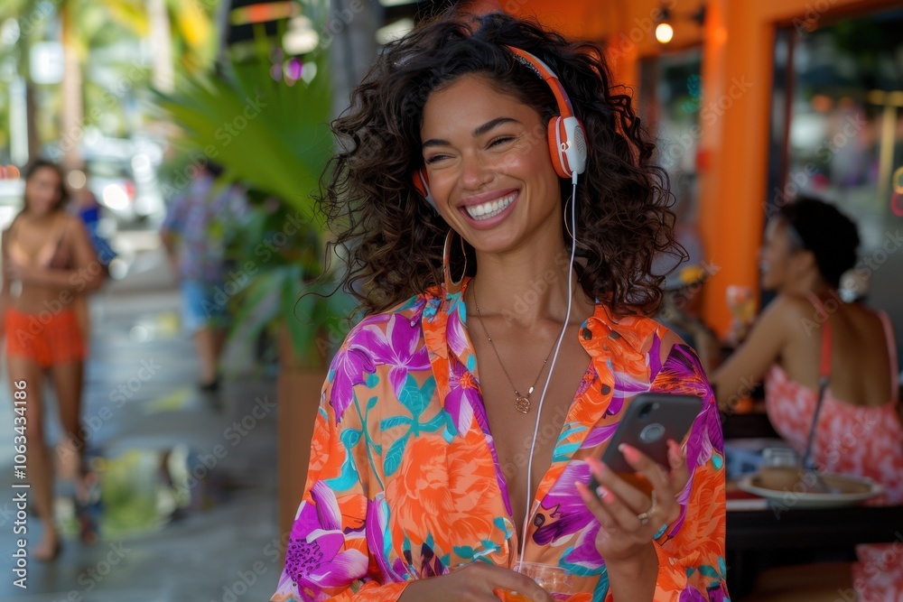 Obraz premium A cheerful woman with curly hair and wearing vibrant headphones smiles while enjoying music outdoors, surrounded by colorful surroundings.