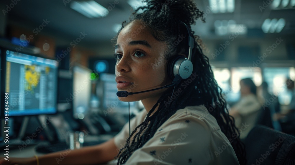 A focused businesswoman wearing a headset works at a computer in a modern office, concentrating on data monitoring and communication tasks. A focused businesswoman wearing a headset works at a computer in a modern office, concentrating on data monitoring and communication tasks.