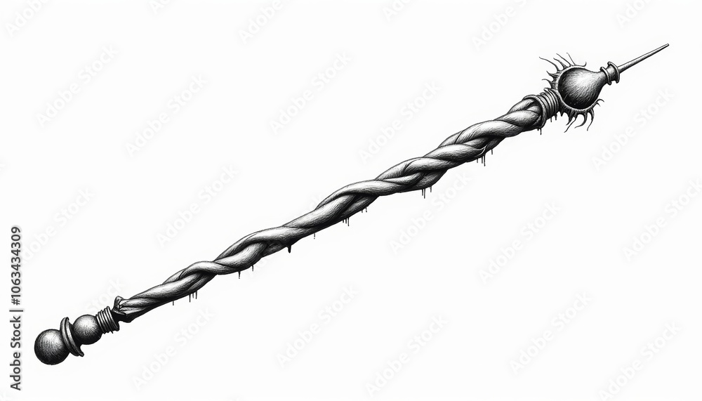 Artistic black and white magic wand with twisted design and detailed tip on minimalist background, fantasy art concept Artistic black and white magic wand with twisted design and detailed tip on minimalist background, fantasy art concept