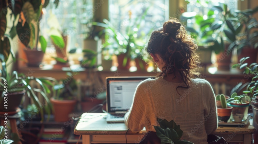 A woman working at a laptop from home, surrounded by numerous potted plants, creating a tranquil and productive work environment. A woman working at a laptop from home, surrounded by numerous potted plants, creating a tranquil and productive work environment.