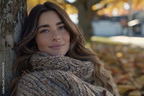 A person with natural beauty is sitting in a park, relaxing under the shade of a tree during autumn. The scene is serene and calming.