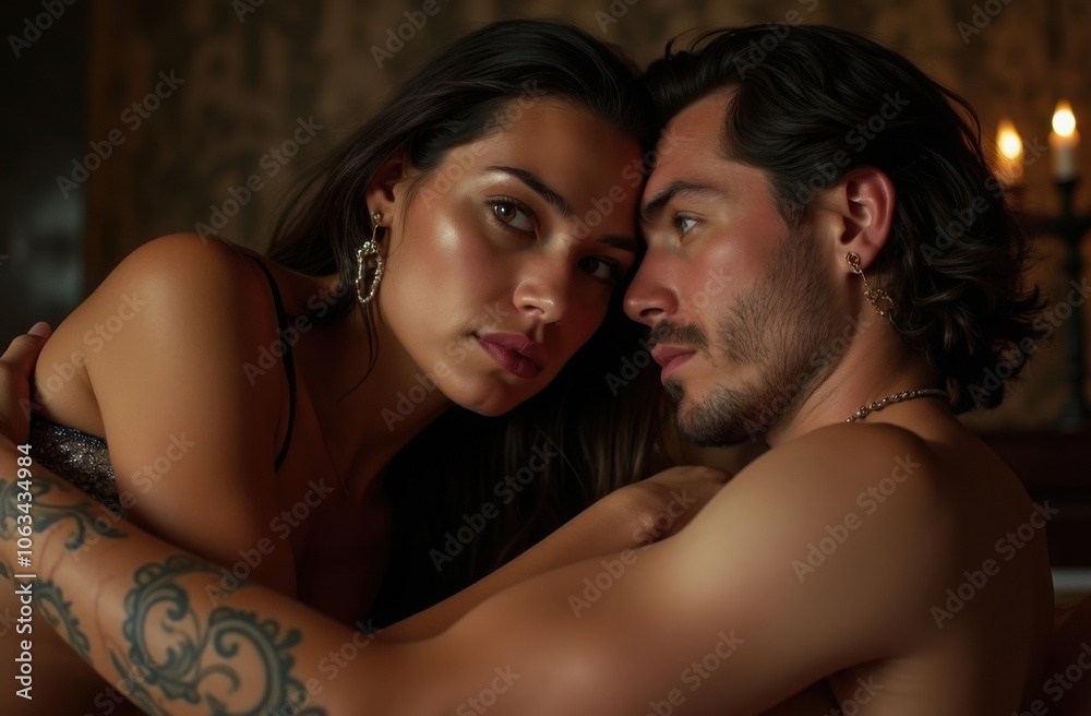 Romantic couple embracing in a dimly lit room with vintage decor, capturing an intimate moment at night Romantic couple embracing in a dimly lit room with vintage decor, capturing an intimate moment at night