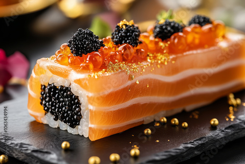 Sushi roll topped with luxurious black caviar, garnished with edible gold flakes, on a dark slate plate. photo