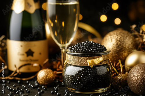 Still-life of black caviar in a small glass jar, surrounded by festive decorations and a bottle of champagne in the background. photo