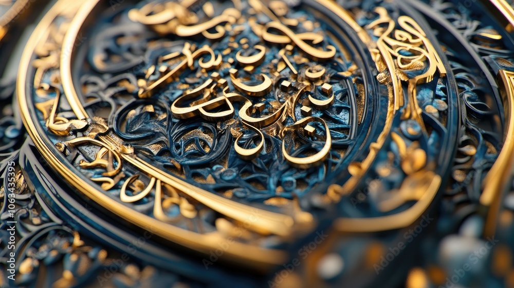 Intricate Gold Arabic Calligraphy on Decorative Surface Intricate Gold Arabic Calligraphy on Decorative Surface